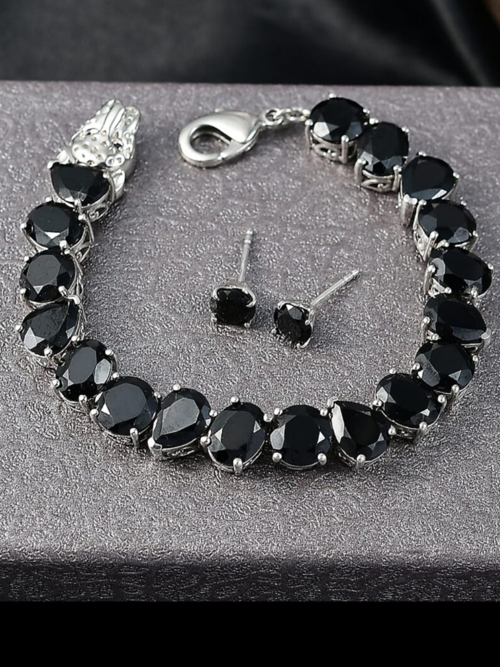 New Thai Black Spinel Panther Bracelet and Stud Earrings Set